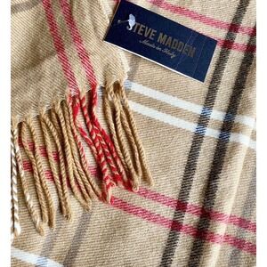 New Steve Madden Made in Italy Camel Beige & Red Super Soft Plaid Scarf
